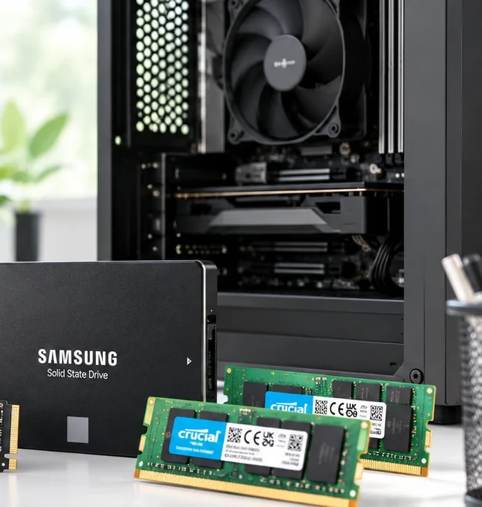 อุปกรณ์คอมพิวเตอร์สำหรับงานอัปเกรด SSD และ RAM บนโต๊ะทำงานสมัยใหม่